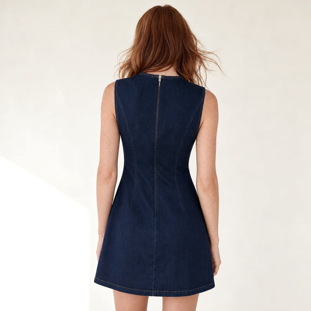 Sukienka mini ciemny denim asymetryczne guziki bez rękawów – Elzanka