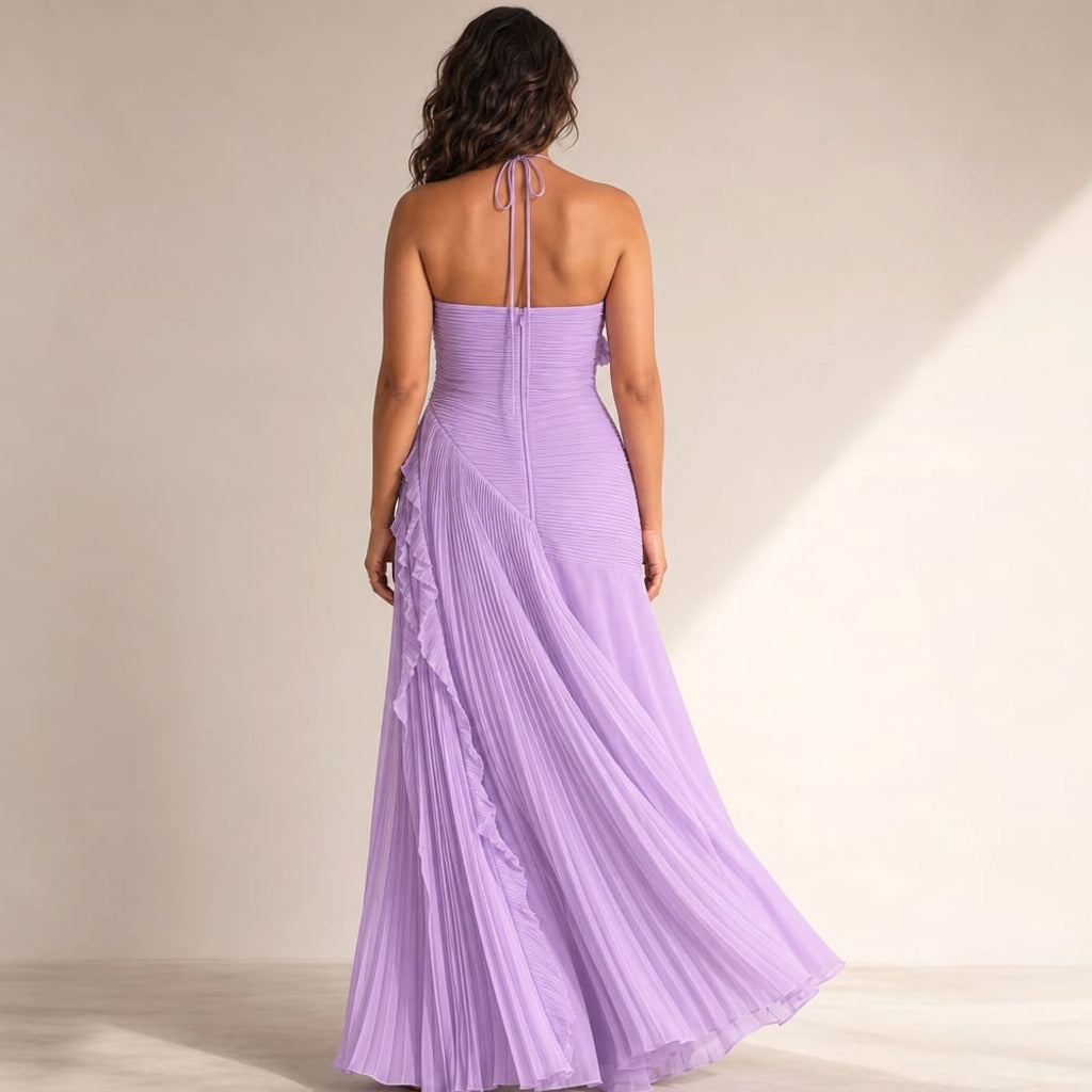 Sukienka maxi halter plisowana asymetryczna wieczorowa – Elzanka