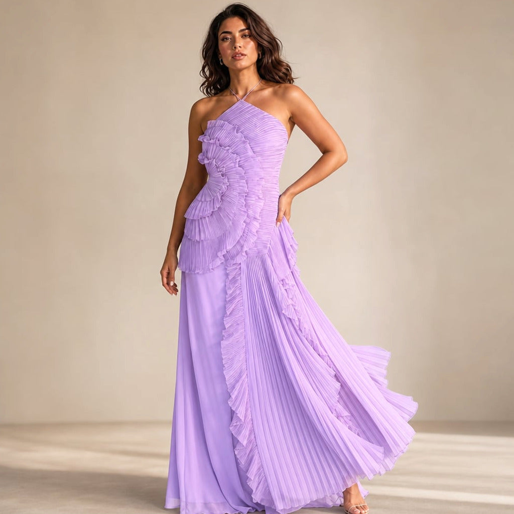Sukienka maxi halter plisowana asymetryczna wieczorowa – Elzanka