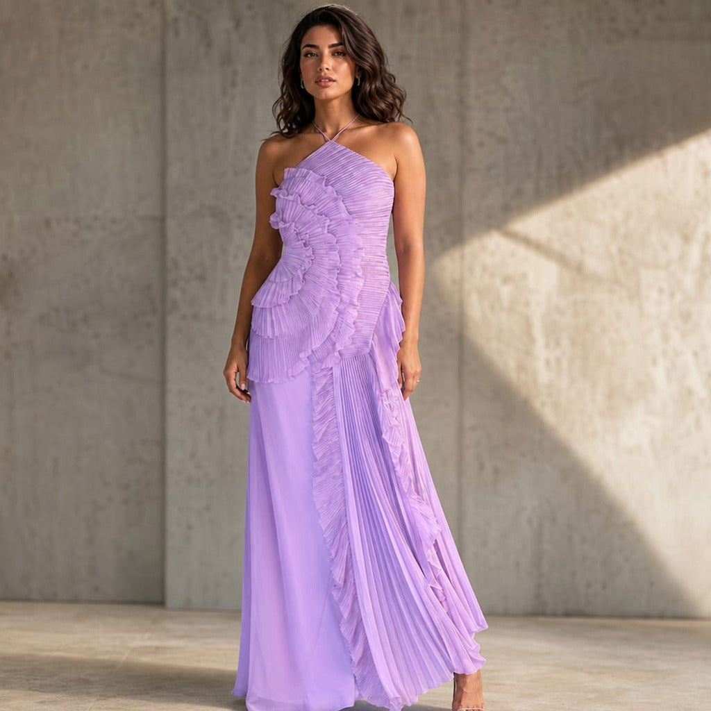 Sukienka maxi halter plisowana asymetryczna wieczorowa – Elzanka