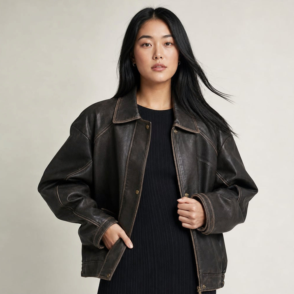 Oversized bomber jacket z PU w kolorze charcoal-brown z kontrastowymi szwami, widok z przodu na zamek i kieszenie