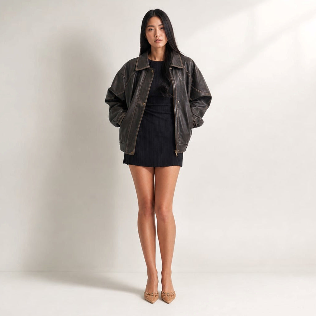 Bomber Jacket Oversized PU Kontrastowe Szwy Charcoal Brown – Elzanka