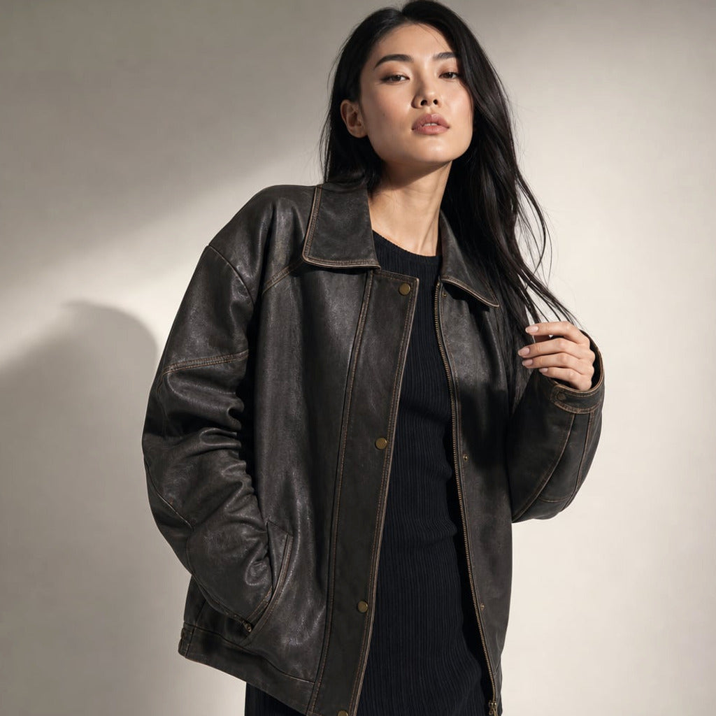 Bomber Jacket Oversized PU Kontrastowe Szwy Charcoal Brown – Elzanka