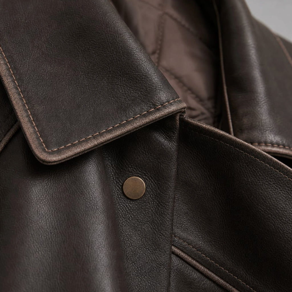 Bomber Jacket Oversized PU Kontrastowe Szwy Charcoal Brown – Elzanka