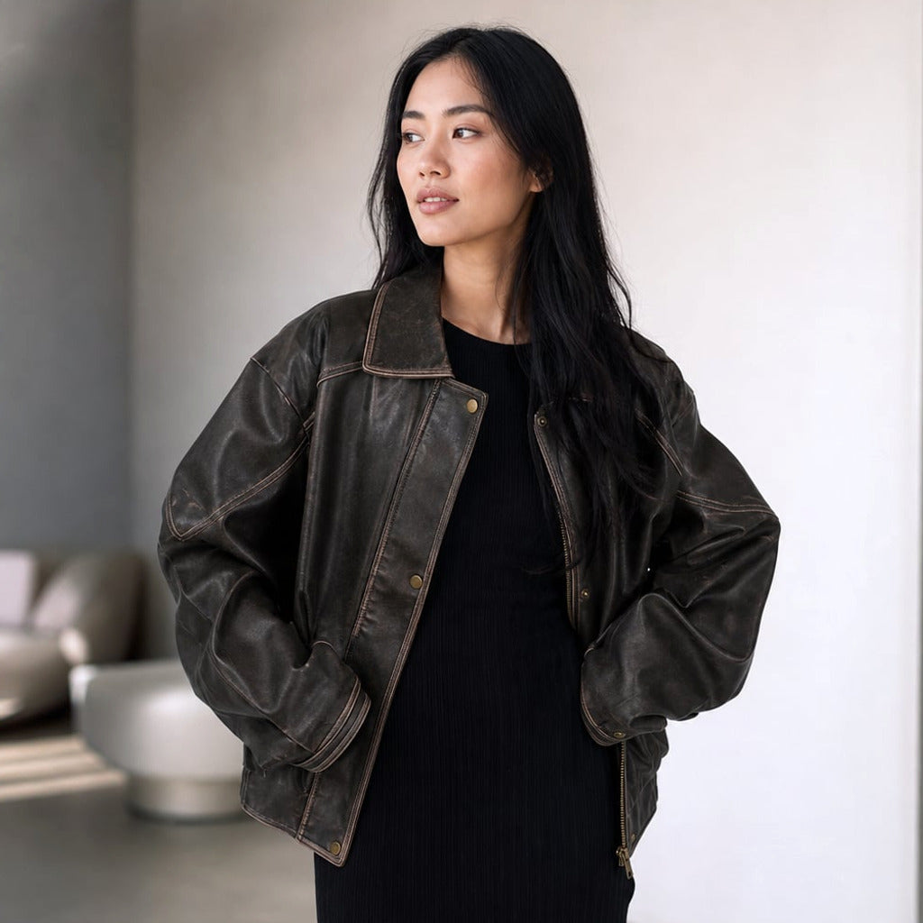 Bomber Jacket Oversized PU Kontrastowe Szwy Charcoal Brown – Elzanka