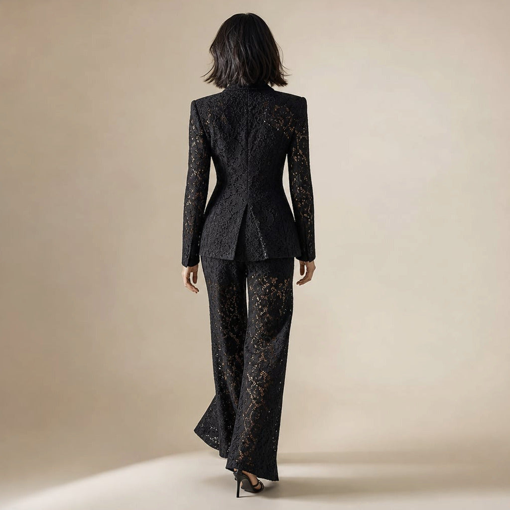 Komplet koronkowy peplum blazer szerokie spodnie – Elzanka