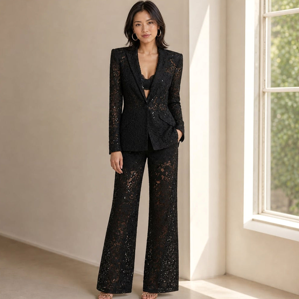 Komplet koronkowy peplum blazer szerokie spodnie – Elzanka
