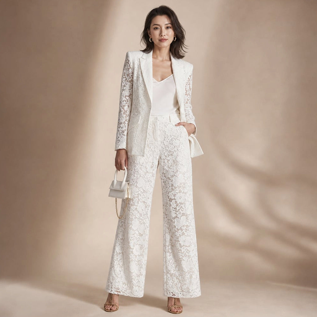 Komplet koronkowy peplum blazer szerokie spodnie w kolorze Biały – Elzanka