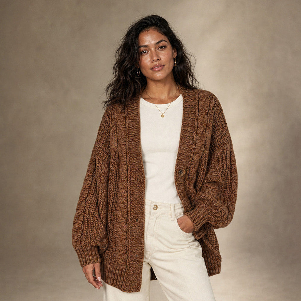 Andzia | Kardigan warkoczowy oversize w kolorze Brązowy – Sesja premium