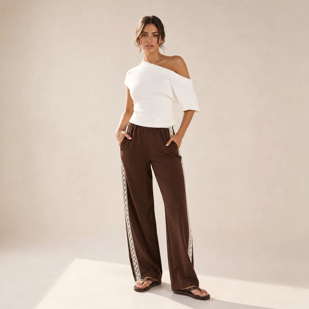 Spodnie z plisami lampas koronkowy mankiet Chocolate Lace – Elzanka
