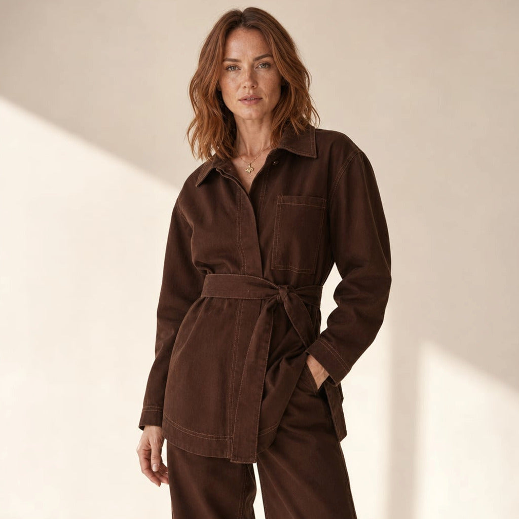 Top denim longline wiązanie w talii czekoladowy denim – Elzanka