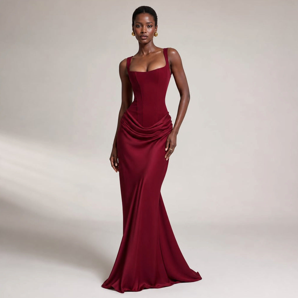 Sukienka maxi bodycon odkryte plecy długość do podłogi w kolorze Burgundowy – Elzanka