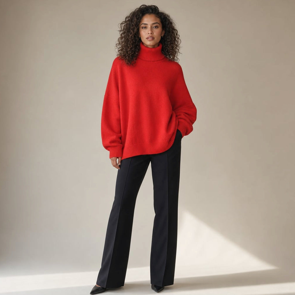 Sweter dzianinowy golf dzwonowy rękaw Czerwony – Elzanka