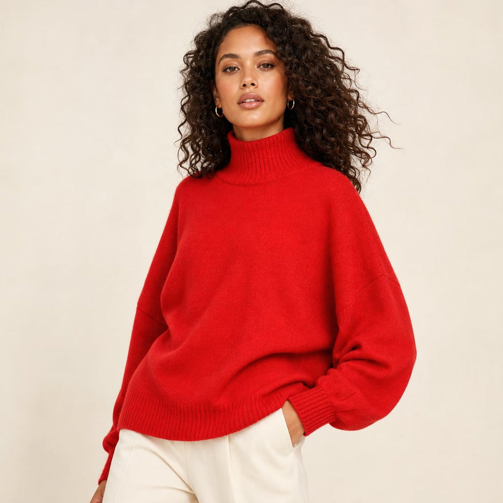 Sweter dzianinowy golf dzwonowy rękaw Czerwony – Elzanka