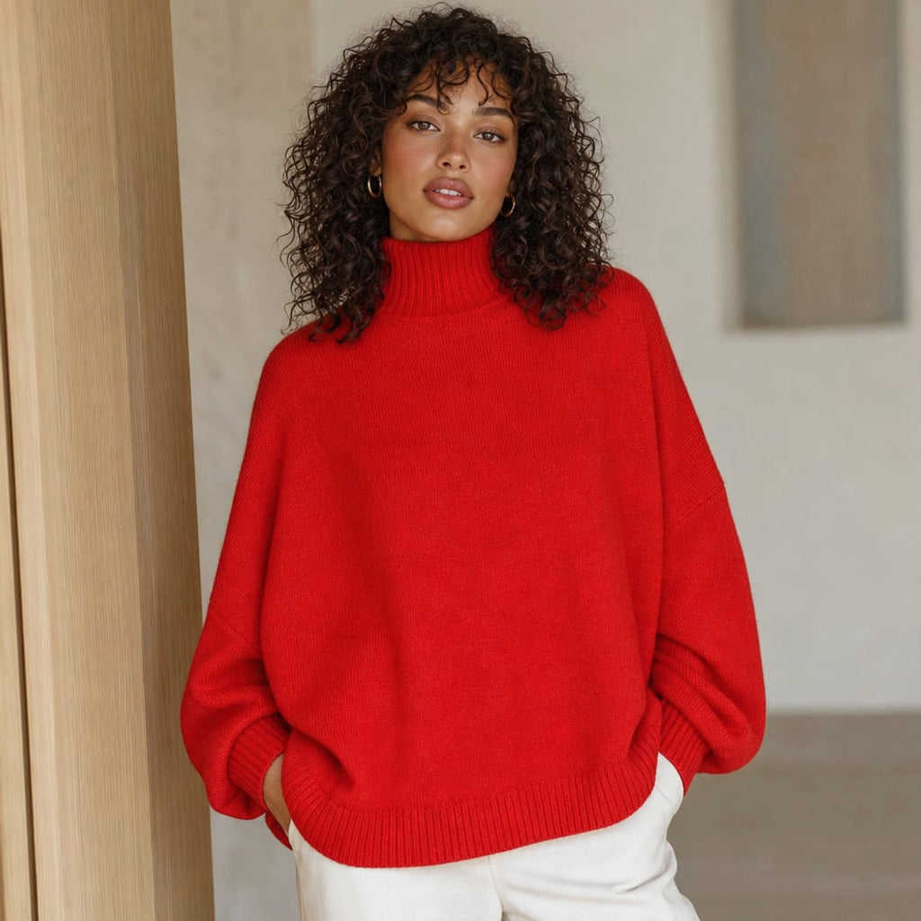 Sweter dzianinowy golf dzwonowy rękaw Czerwony – Elzanka