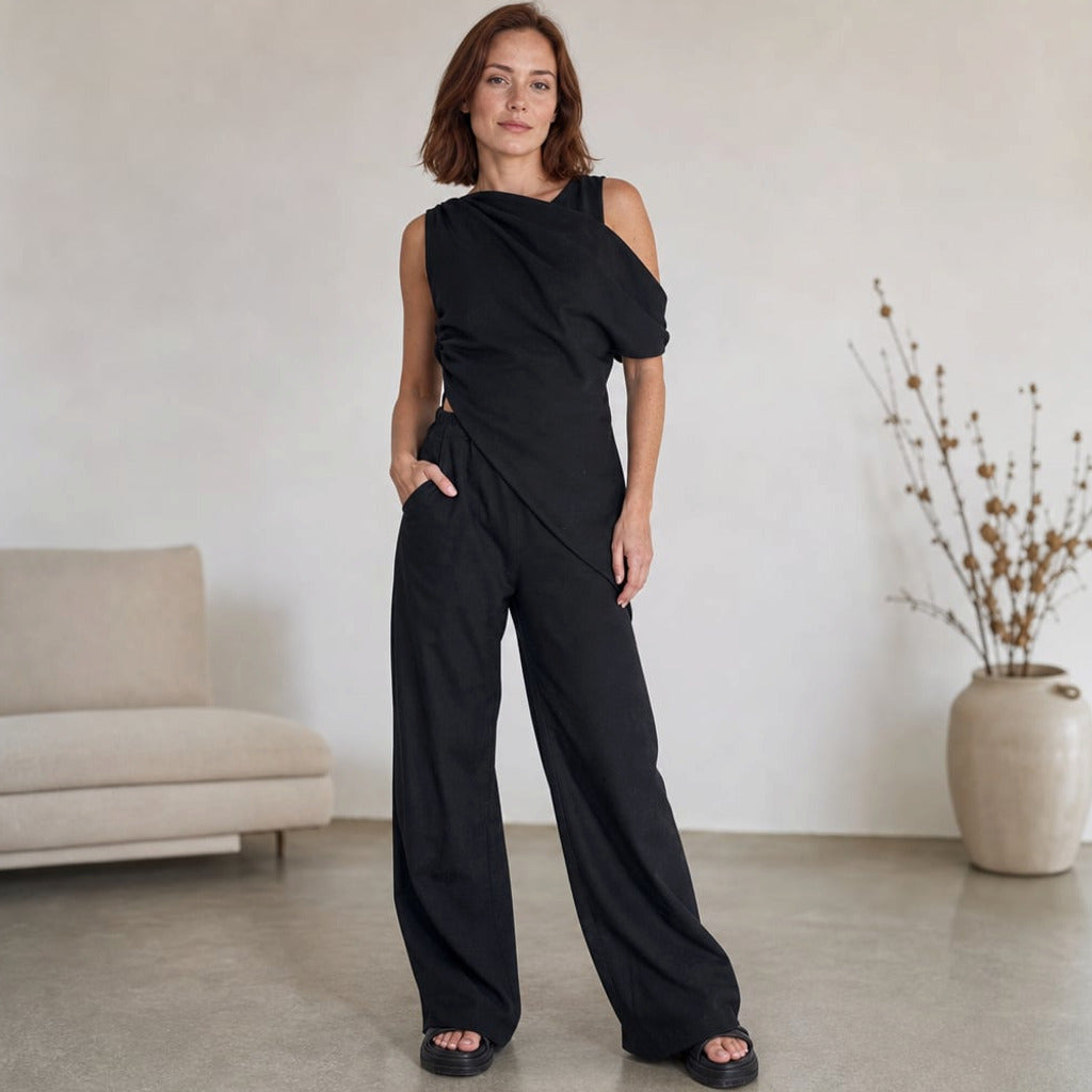 Komplet off-shoulder szerokie spodnie bawełna asymetryczny dekolt – Elzanka