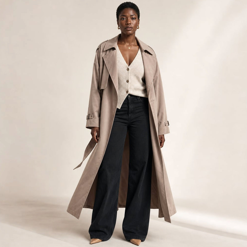 Longline trencz oversized w kolorze mocha z szerokim paskiem i kołnierzem do postawienia — widok frontalny na modelce