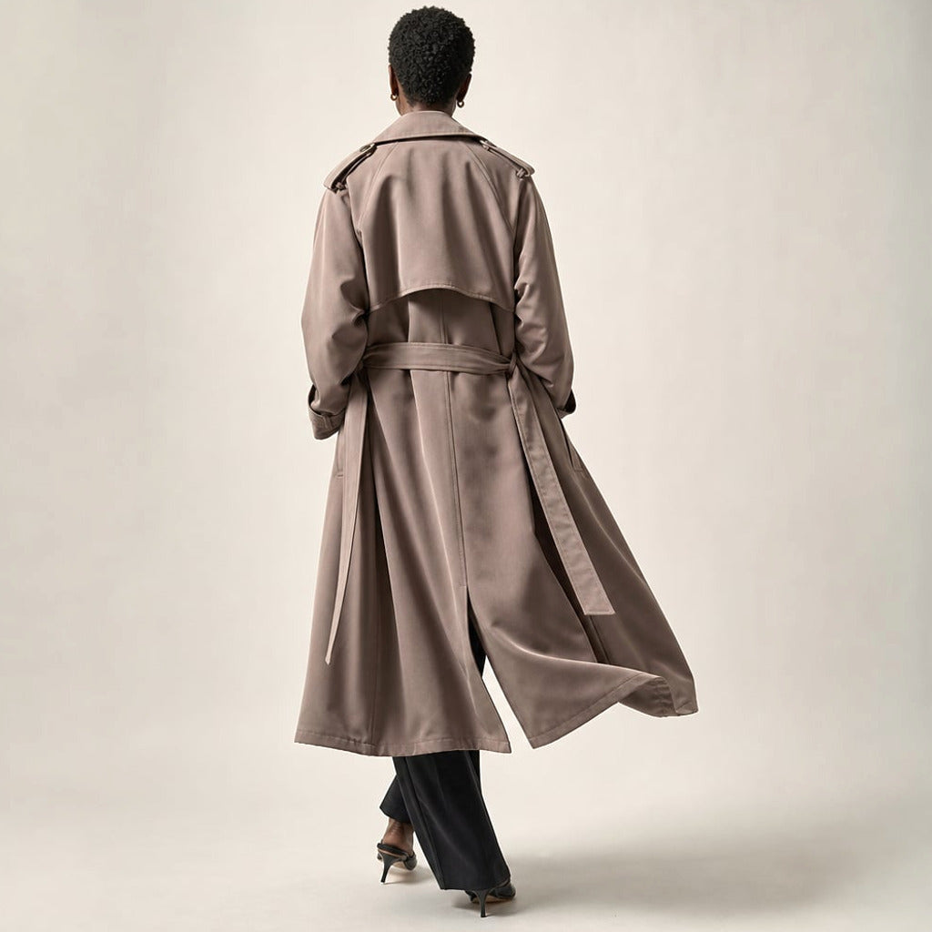 Trencz długi oversize z paskiem Mocha – Elzanka