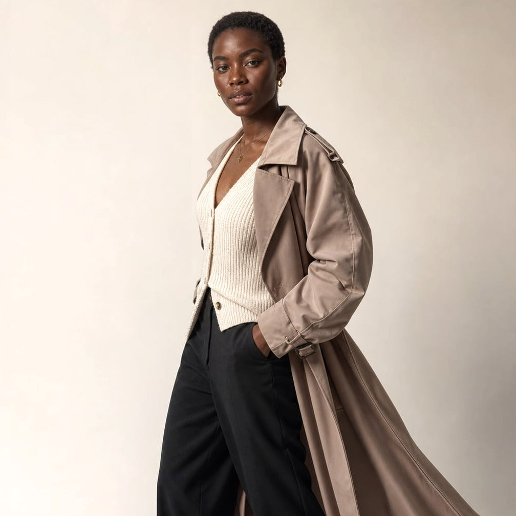 Trencz długi oversize z paskiem Mocha – Elzanka