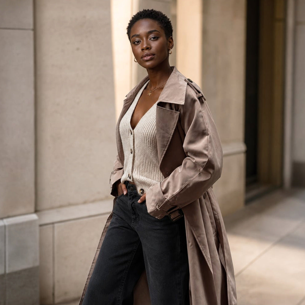 Trencz długi oversize z paskiem Mocha – Elzanka