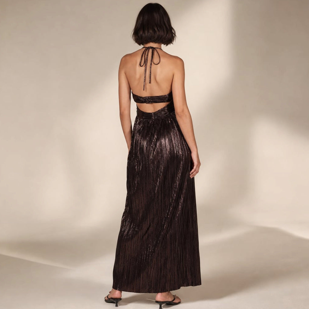 Sukienka maxi halter z wycięciem Czekoladowy – Elzanka