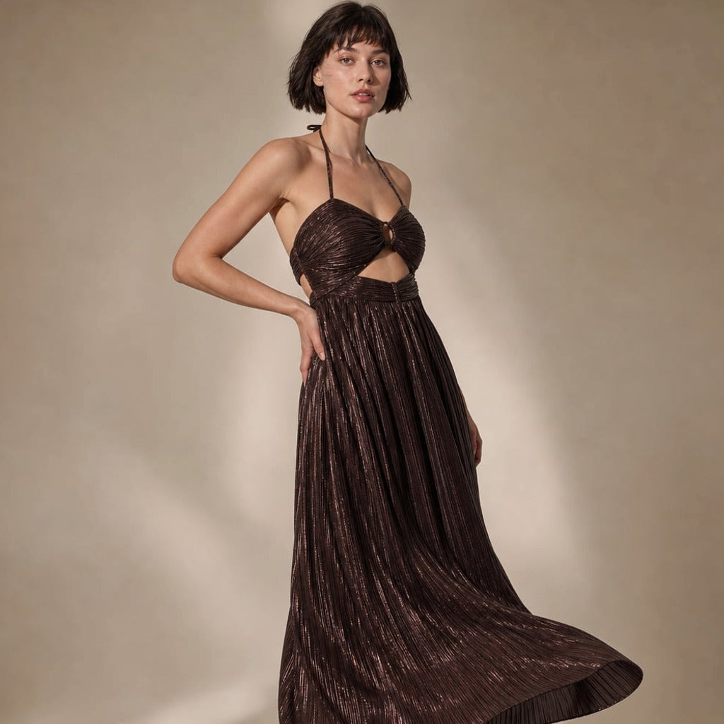 Sukienka maxi halter z wycięciem Czekoladowy – Elzanka