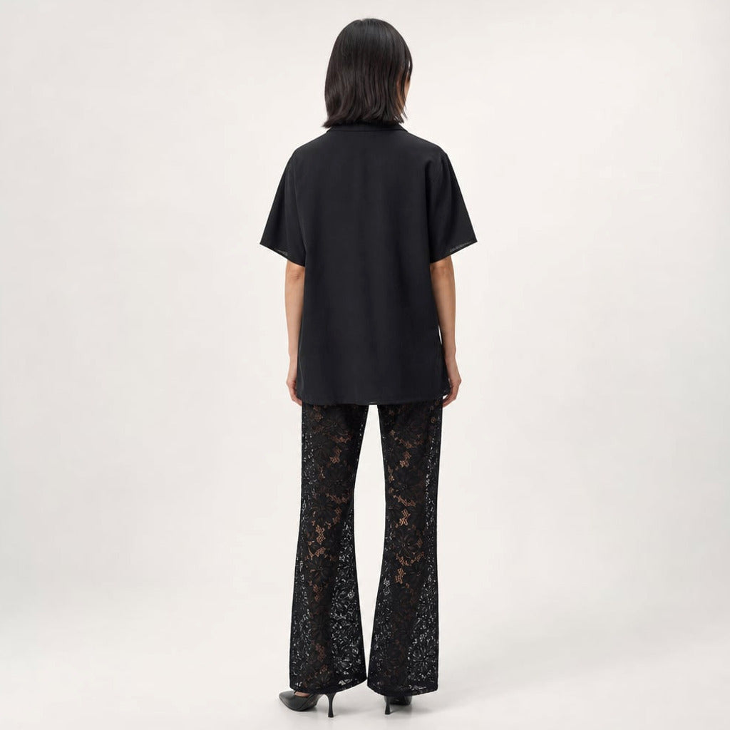 Komplet bawełniany top V koronkowe spodnie wide-leg czarny – Elzanka