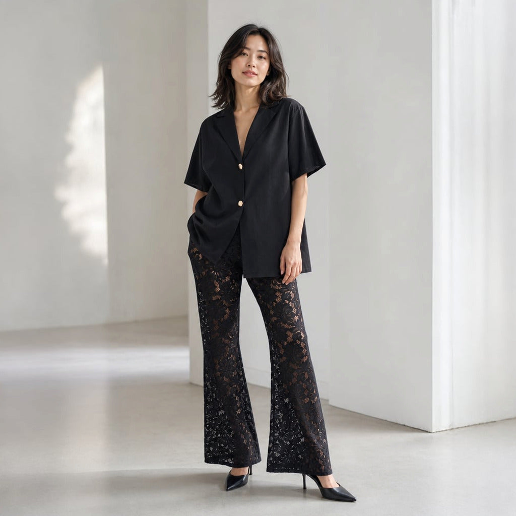 Komplet bawełniany top V koronkowe spodnie wide-leg czarny – Elzanka